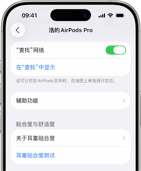 iPhone 上的蓝牙设置显示 AirPods Pro 的选项。“查找”网络选项已打开，这可让你在 AirPods 丢失时逐一在地图上进行定位。