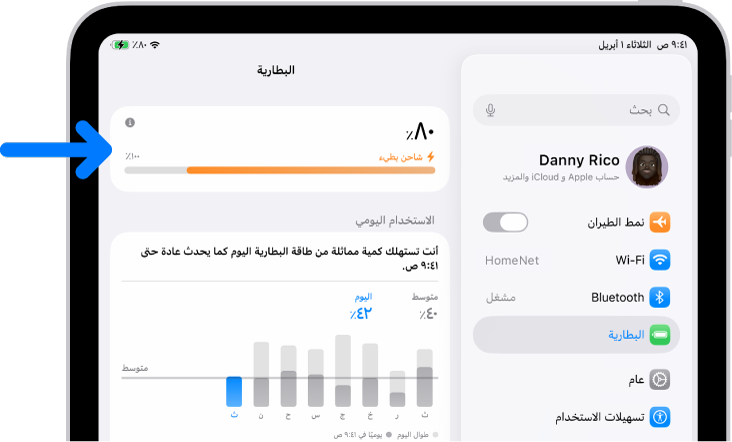 بطاقة معلومات الشحن في إعدادات بطارية iPad. البطاقة تظهر أن مستوى شحن البطارية 80% وتشير إلى أنها متصلة "بشاحن بطيء."