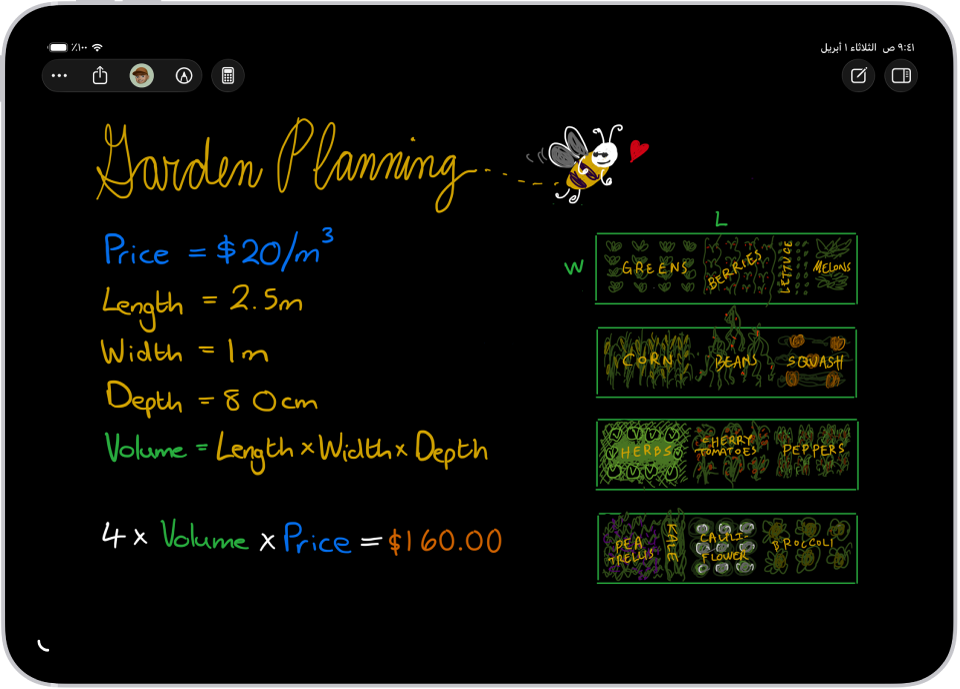 الملاحظة الحسابية مفتوحة في الحاسبة، تظهر بها متغيرات معلنة ومعادلات ورسم للمسألة الرياضية.