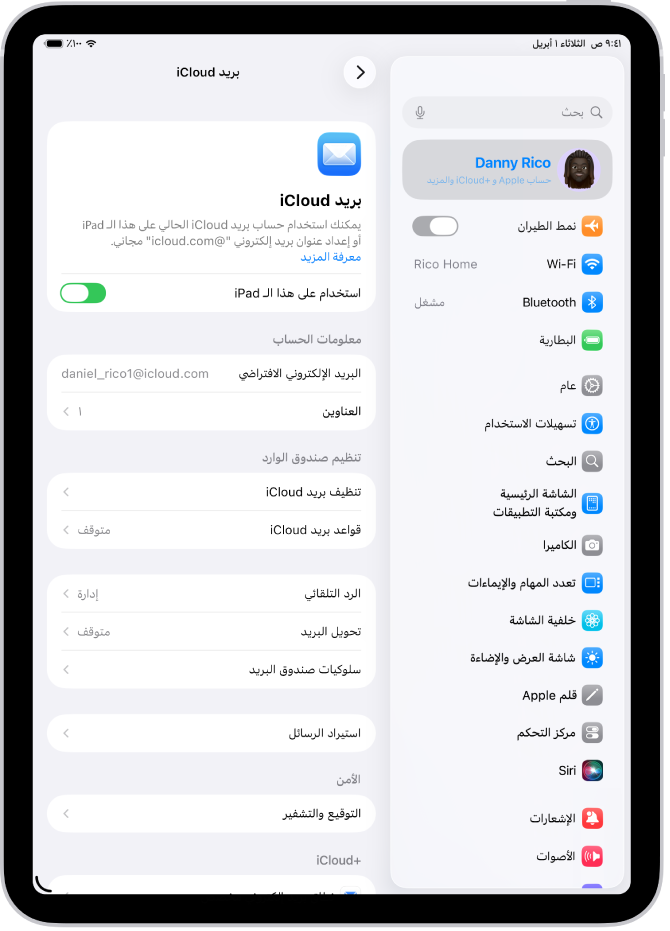 تطبيق الإعدادات مفتوح على شاشة بريد iCloud. يظهر نطاق بريد إلكتروني مخصص في الجزء السفلي من القائمة.