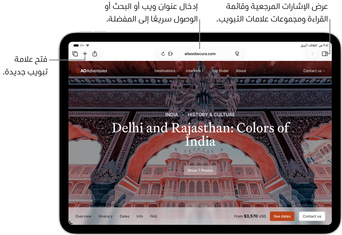 صفحة ويب مفتوحة. على امتداد الجزء العلوي، من اليمين إلى اليسار، يوجد زر الشريط الجانبي، وزر السابق وحقل البحث، وزر مشاركة، وزر علامة تبويب جديدة، وزر عرض عام لعلامات التبويب.