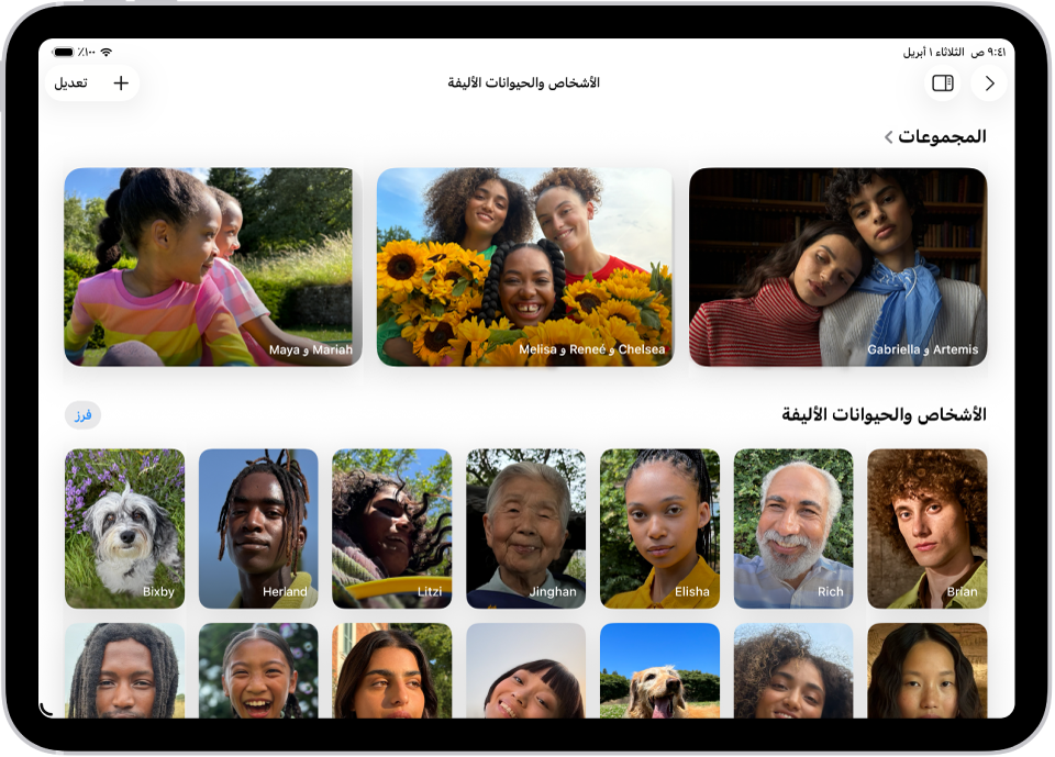 شاشة الأشخاص والحيوانات الأليفة في تطبيق الصور. هناك صف من المجموعات في الجزء العلوي من الشاشة، مع أشخاص فرديين وحيوانات أليفة في الأسفل.