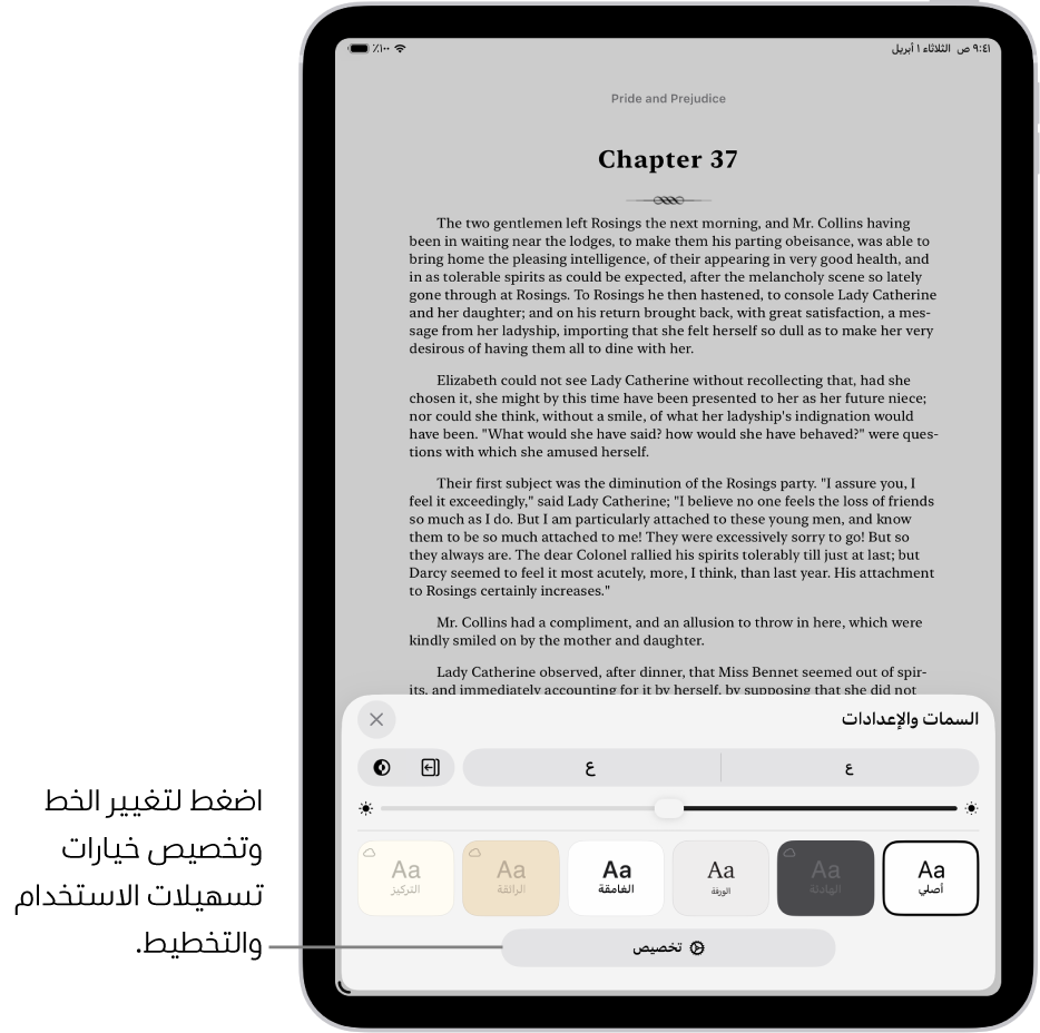 صفحة من كتاب في تطبيق الكتب. خيارات السمات والإعدادات تعرض عناصر التحكم في حجم الخط وطريقة عرض التمرير ونمط قلب الصفحة والسطوع وأنماط الخط.