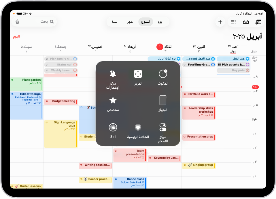 iPad تظهر به قائمة اللمس المساعد التي تعرض عناصر التحكم في مركز الإشعارات والجهاز ومركز التحكم والشاشة الرئيسية و Siri ومخصص.