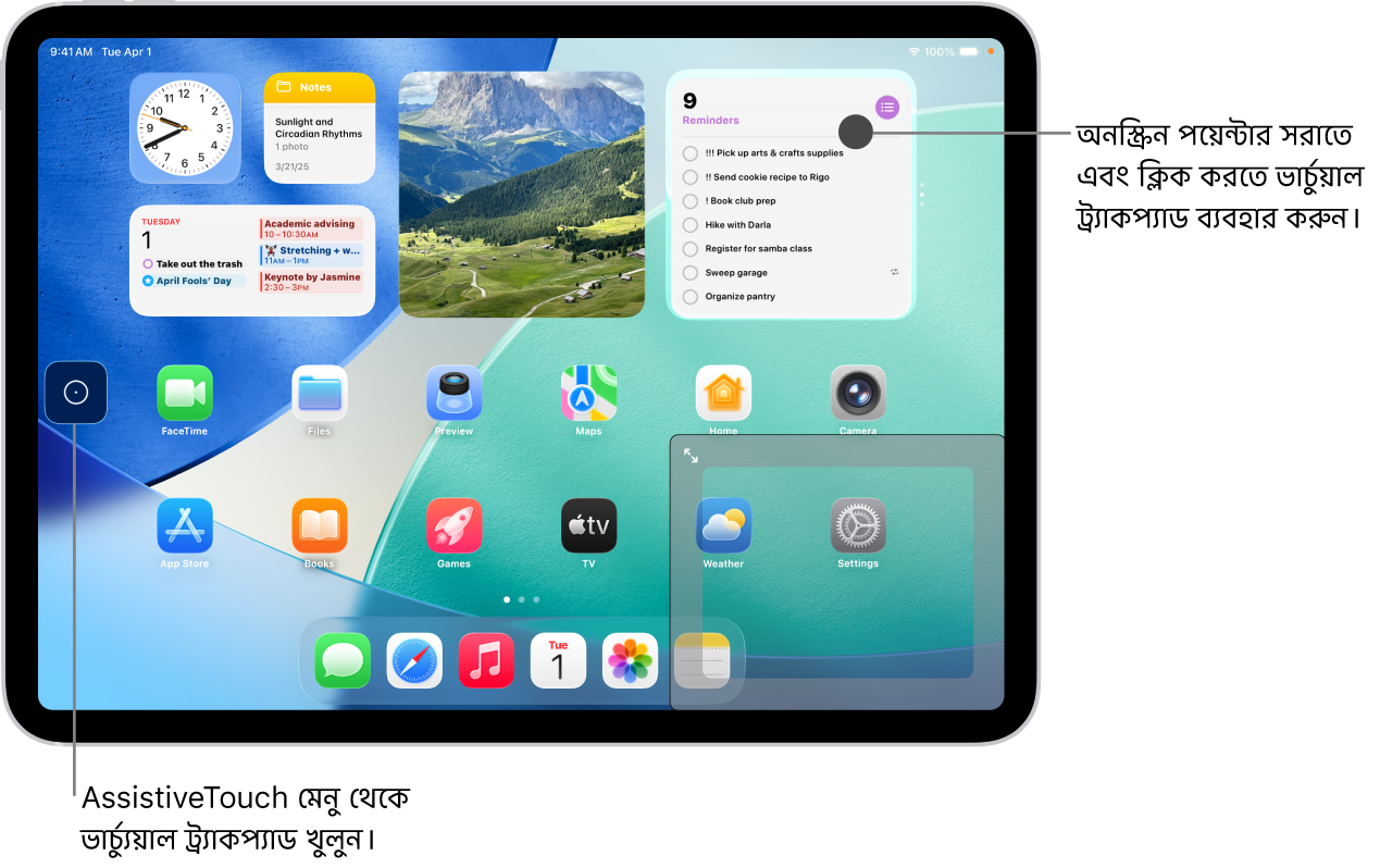 স্ক্রিনের কোণে একটি ভার্চ্যুয়াল ট্র্যাকপ্যাডসহ iPad দেখানো হয়েছে। এছাড়াও স্ক্রিনে AssistiveTouch মেনু (যা ট্র্যাকপ্যাড খোলার জন্য ব্যবহৃত হয়) এবং পয়েন্টার (যা ট্র্যাকপ্যাড দ্বারা নিয়ন্ত্রিত হয়) রয়েছে।