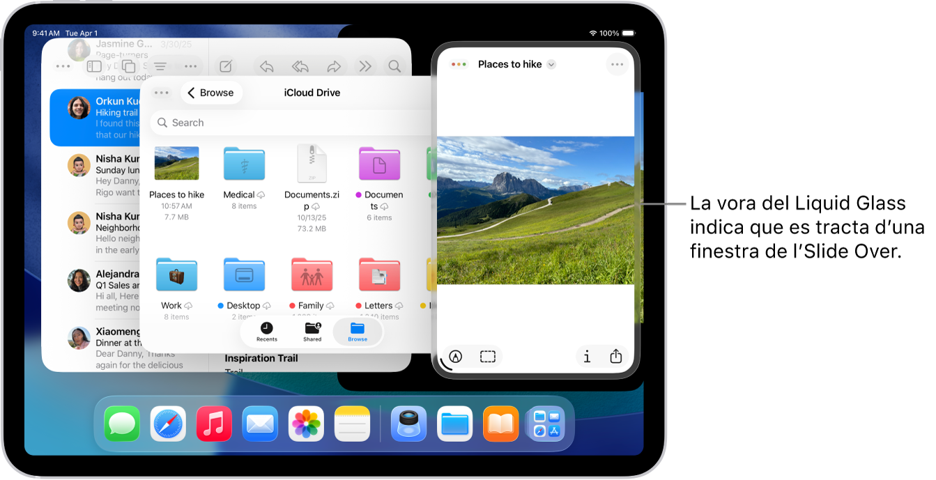 Hi ha tres finestres d’apps obertes a la pantalla, i una és una finestra de l’Slide Over, com indica la vora del Liquid Glass.