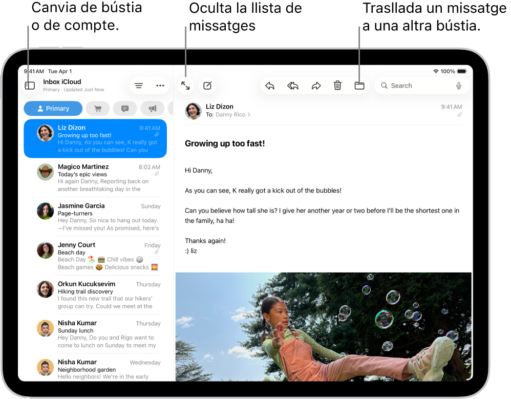 La bústia d’entrada del Mail amb una llista dels correus a l’esquerra i un correu obert a la dreta.