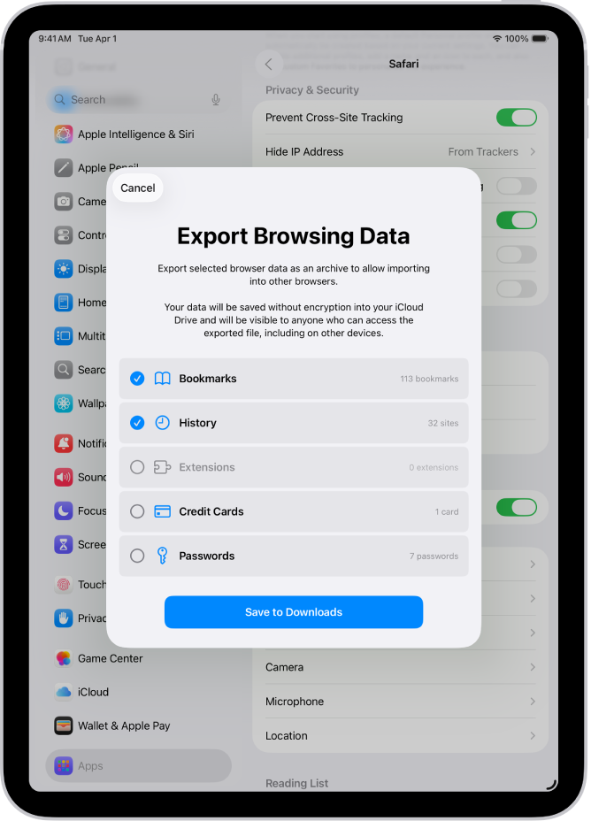 La pantalla d’exportació de les dades de navegació, en què es mostren les dades que es poden exportar del Safari a un altre navegador.