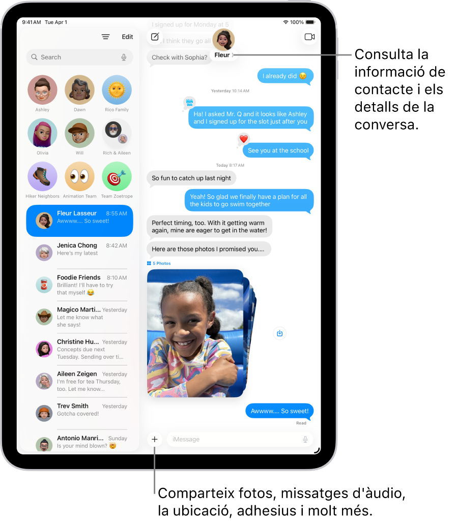 La llista de converses de l’app Missatges a l’esquerra i la transcripció d’una conversa a la dreta. A la part superior, en tocar la icona del contacte s’obren els detalls de la conversa.