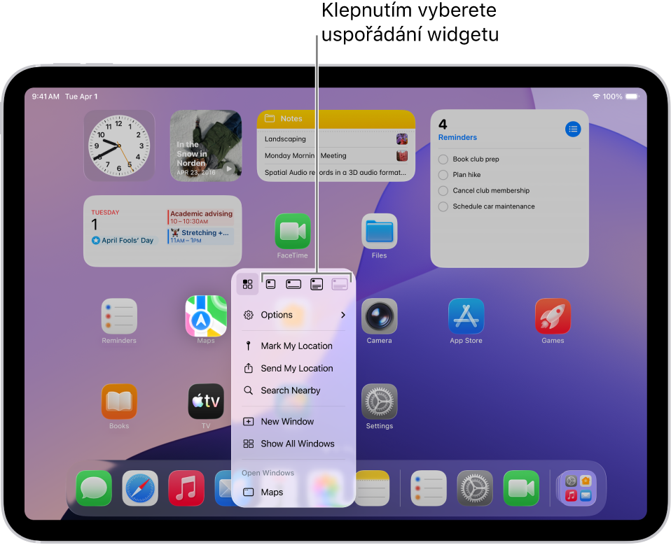 Plocha s místní nabídkou použitou k přeměně ikony aplikace na widget aplikace