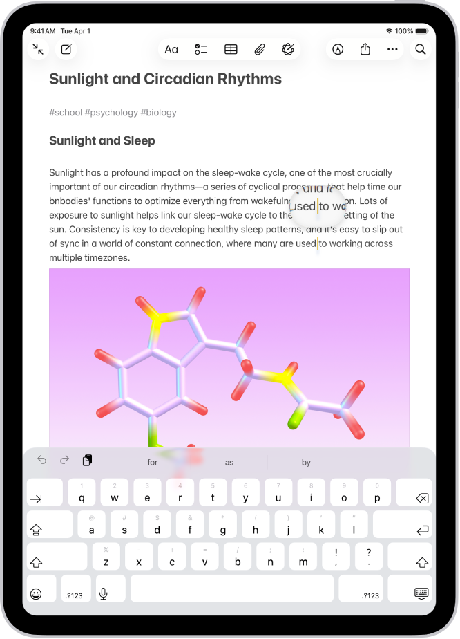 Poznámka s kurzorem na místě, kde má být vložen nebo upraven text. Okolní text je pro snazší umístění kurzoru zvětšený.