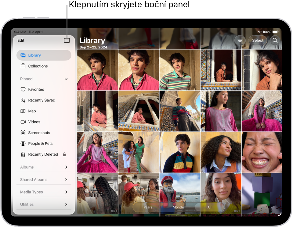 V otevřené aplikaci Fotky je na bočním panelu vybraný panel Knihovna.