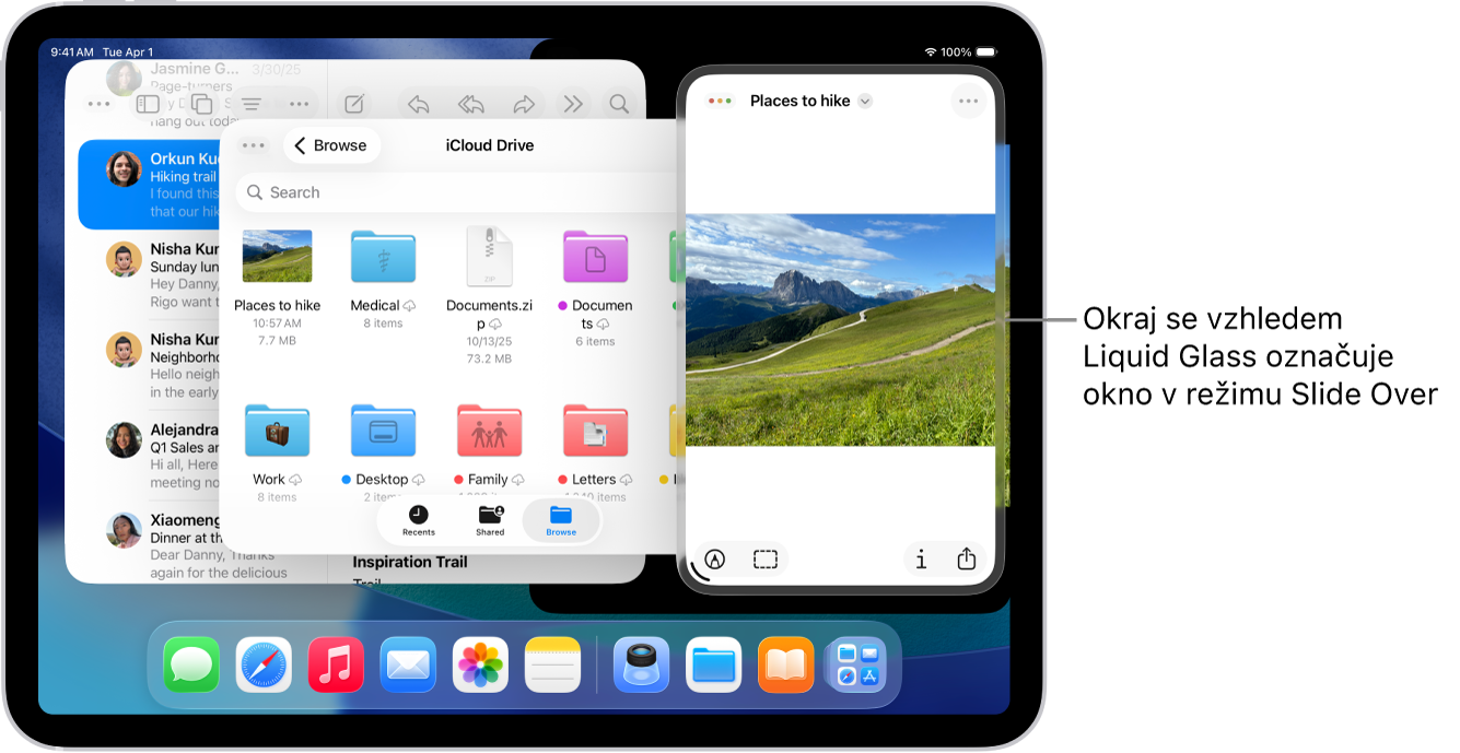 Na obrazovce jsou otevřená tři okna aplikací, jedno z nich v režimu Slide Over, jak ukazuje ohraničení v úpravě Liquid Glass