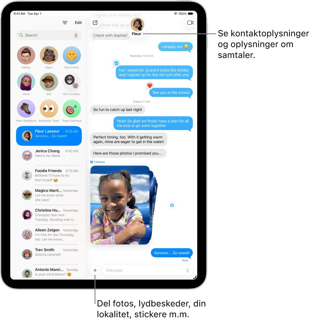 En samtaleliste i Beskeder til venstre og en samtaletransskription til højre. Øverst åbner et tryk på kontaktsymbolet samtaleoplysningerne.