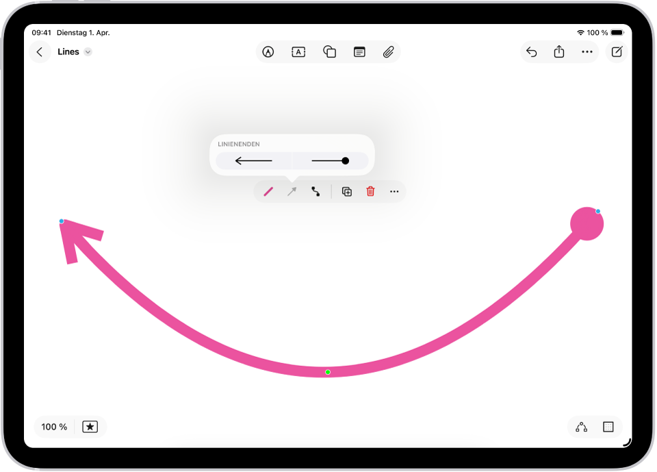 Eine Verbindungslinie auf einem Freeform-Board mit blauen und grünen Punkten zum Ändern der Form und der Kurve.