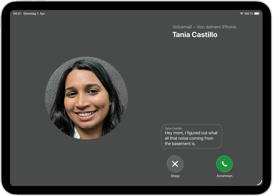 Ein Anrufbildschirm zeigt eine Live-Voicemail von einem Kontakt. Unter dem transkribierten Text befinden sich die Tasten für „Stopp“ und „Annehmen“ für den Anruf.