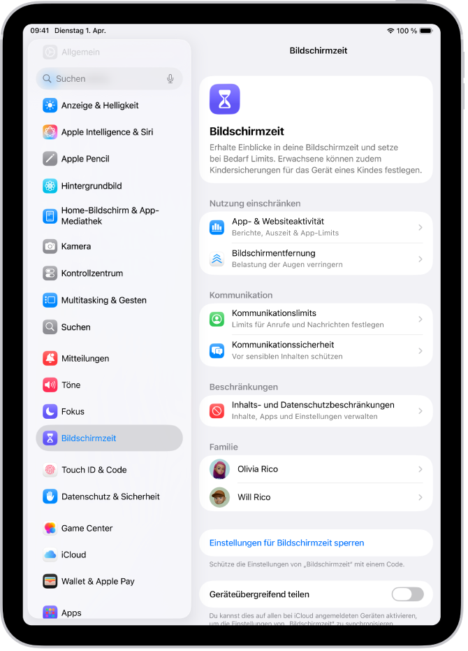 Der Bildschirm für die Einrichtung der Bildschirmzeit zeigt, dass zum Beginnen auf die Taste „App- & Websiteaktivität“ getippt werden muss.