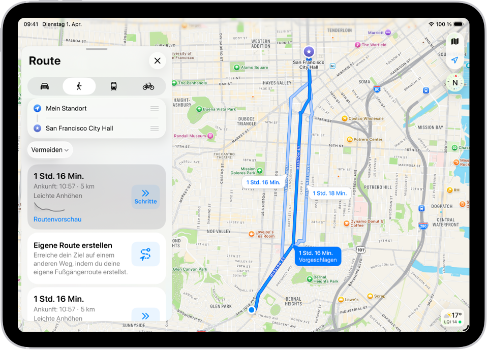 Eine Karte mit zwei Gehrouten, von denen jede mit der Taste „Schritte“ versehen ist.
