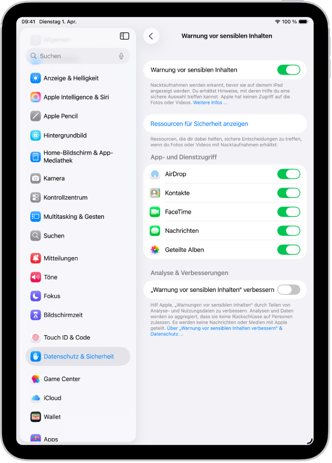 Die Einstellungen für die Funktion „Warnung vor sensiblen Inhalten“ mit einer Taste namens „Ressourcen für Sicherheit anzeigen“ und der Taste „Warnung vor sensiblen Inhalten verbessern“ zum Teilen von Analyse- und Nutzungsdaten mit Apple.