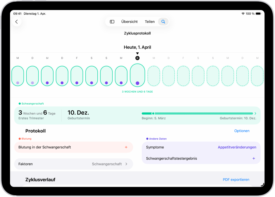 Der Bildschirm „Zyklusprotokoll“ mit einer Schwangerschaftszeitleiste für eine Woche im oberen Bereich. Die ersten 7 Tage der Zeitleiste sind mit hellgrünen Ovalen und violetten Punkten markiert. Die übrigen Tage der Zeitleiste sind mit gestrichelten hellgrünen Ovalen markiert. Unter der Zeitleiste befindet sich die Schwangerschaftsübersicht mit dem Schwangerschaftsalter, dem Anfangsdatum und dem berechneten Geburtstermin. Unter der Schwangerschaftsübersicht befinden sich Optionen zum Hinzufügen von Informationen über Blutungen während der Schwangerschaft, Symptome und mehr.