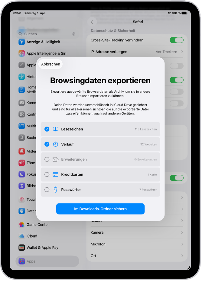 Der Bildschirm „Browsingdaten exportieren“ mit den Daten, die du von Safari in einen anderen Browser exportieren kannst.