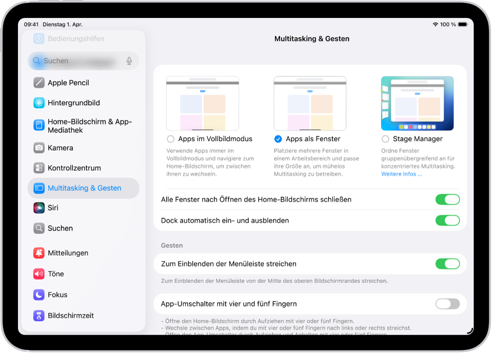Ein iPad-Fenster zeigt Einstellungen für „Multitasking & Gesten“.