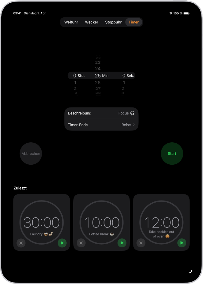 Der Tab „Timer“ zeigt Einstellungen zum Festlegen eines Timers. Ein kürzlich erstellter Timer ist unter den Timer-Einstellungen zu sehen. Unten befinden sich Tasten für „Weltuhr“, „Wecker“, „Stoppuhr“ und „Timer“.