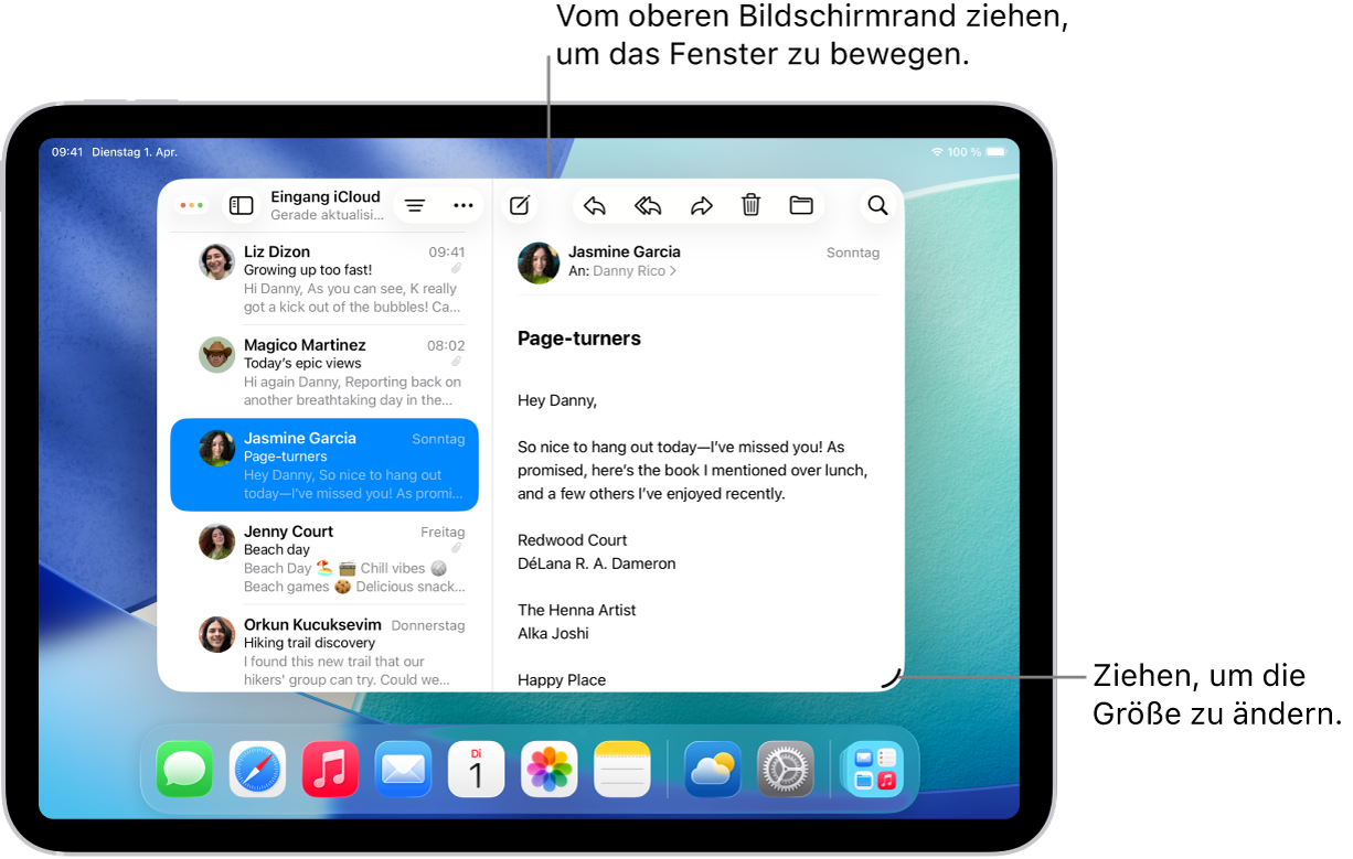 Ein geöffnetes Fenster auf dem iPad mit einem Aktivpunkt unten rechts und Fenstersteuerungen oben links.