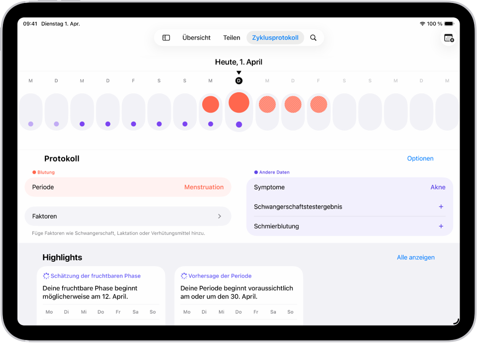 Der Bildschirm „Zyklusprotokoll“ mit der Zeitleiste für eine Woche im oberen Bereich. Die ersten 5 Tage der Zeitleiste sind mit ausgefüllten roten Kreisen und violetten Punkten markiert. Unter der Zeitleiste befinden sich Optionen zum Hinzufügen von Informationen über Perioden, Symptome und mehr.