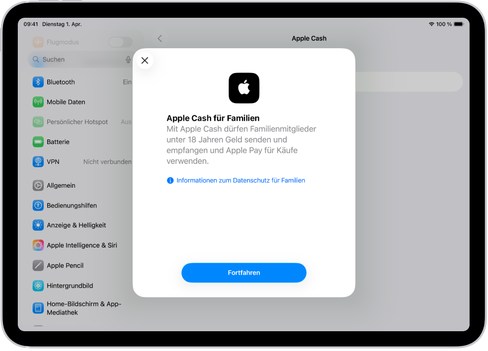 Der Bildschirm „Einstellungen“ mit dem Konfigurationsdialog „Apple Cash für Familien“ in der Bildschirmmitte.
