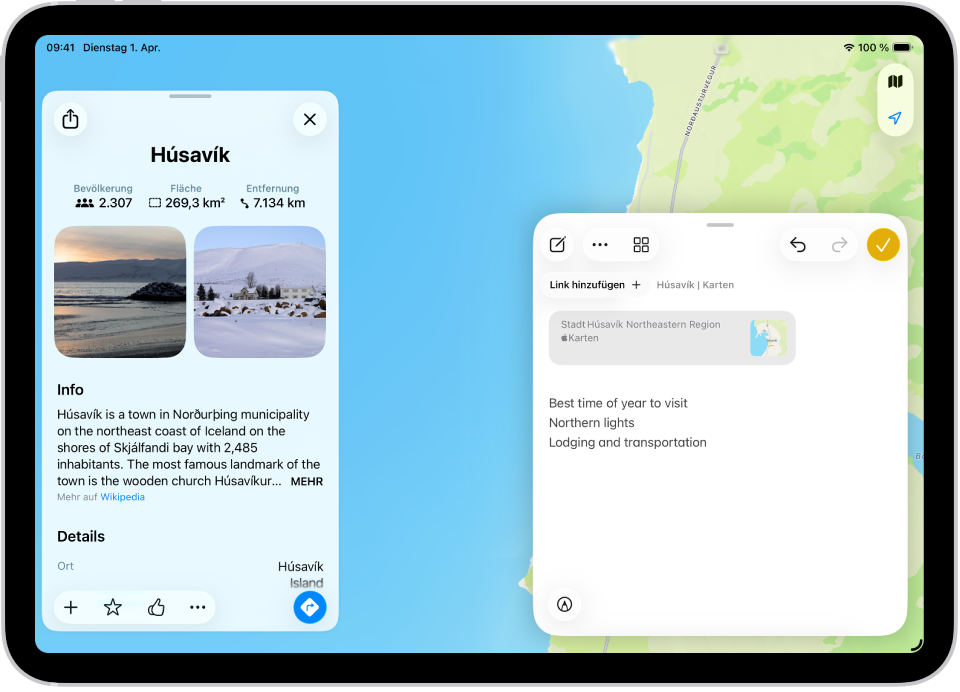 Eine Schnellnotiz in einer Fensterüberlagerung über einer Karte von Island. Die Notiz beinhaltet Text und die Option zum Verlinken einer Karte.