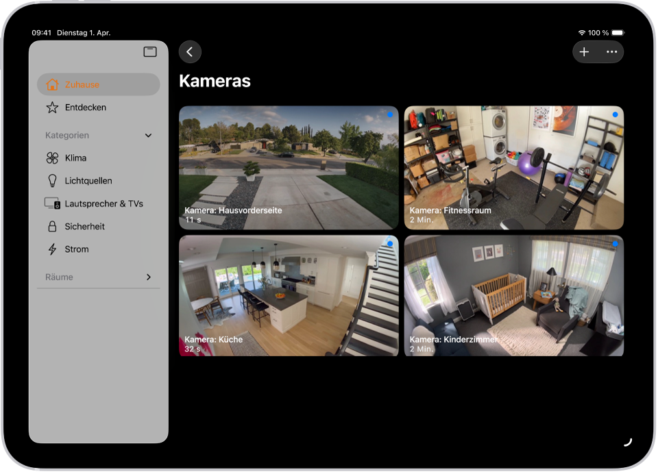 Die App „Home“ mit der Seitenleiste auf der linken Seite. Die Kategorie „Zuhause“ ist hervorgehoben. Auf der rechten Seite sind Bilder von fünf Sicherheitskameras zu sehen.