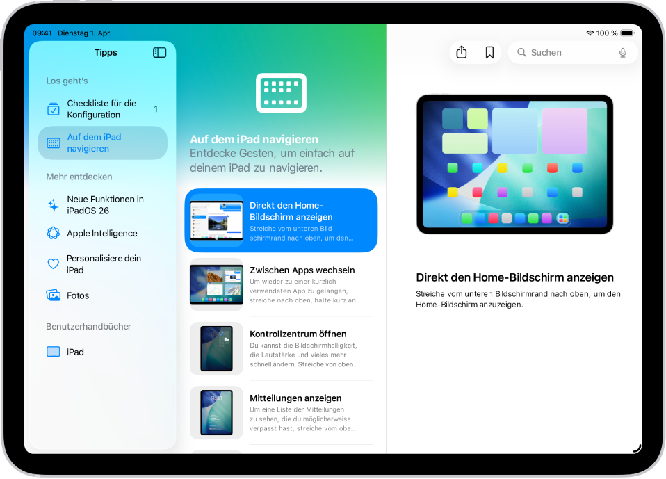 Ein Bildschirm mit einer Tippsammlung in der Seitenleiste auf der linken Seite und einem ausgewählten, geöffneten Tipp auf der rechten Seite.