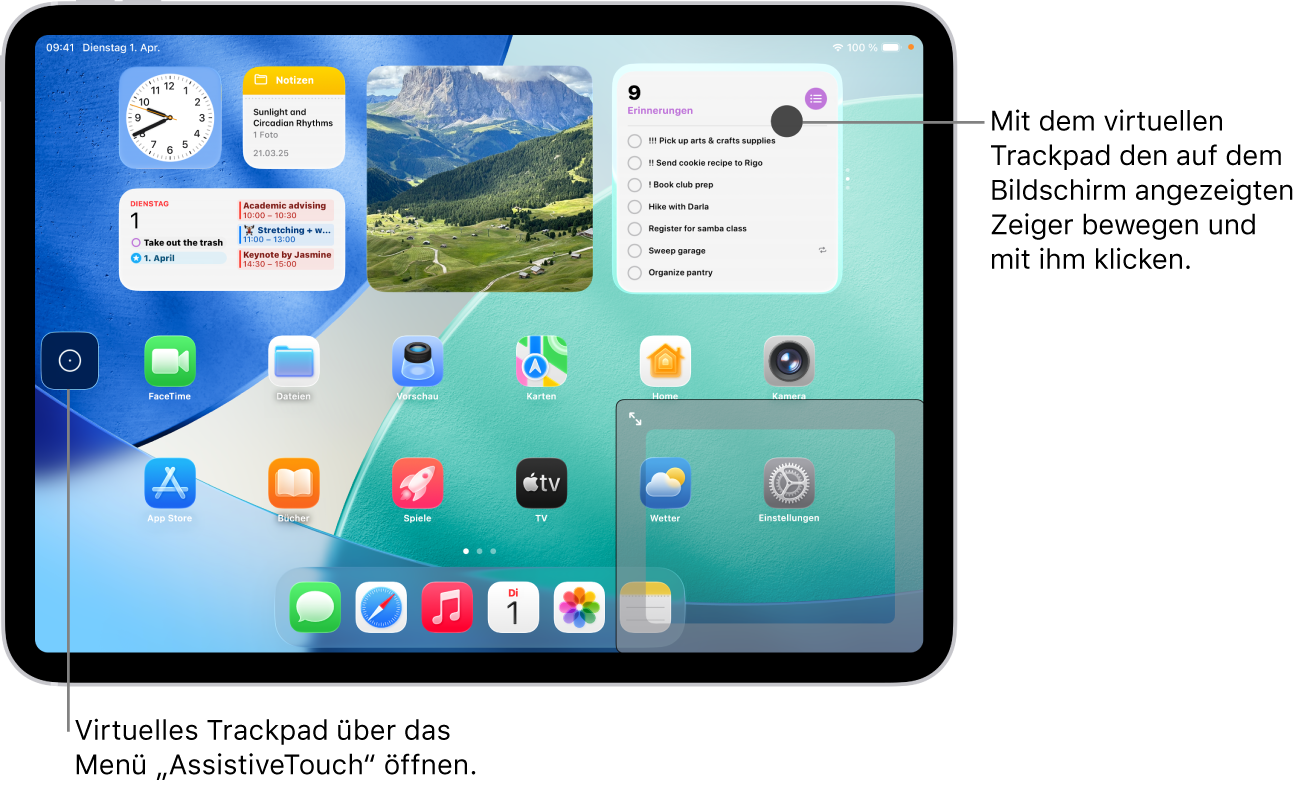 Ein iPad zeigt ein virtuelles Trackpad in der Bildschirmecke. Auf dem Bildschirm wird auch das Menü „AssistiveTouch“ (das zum Öffnen des Trackpads verwendet wird) und der Zeiger (der vom Trackpad gesteuert wird) angezeigt.