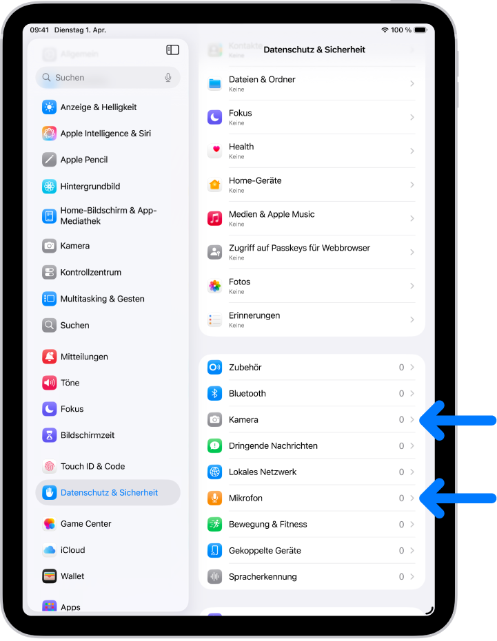 Der Bildschirm „Datenschutz & Sicherheit“ mit Einstellungen zum Steuern der Apps, die die Kamera, das Mikrofon und andere Komponenten deines iPad verwenden dürfen.