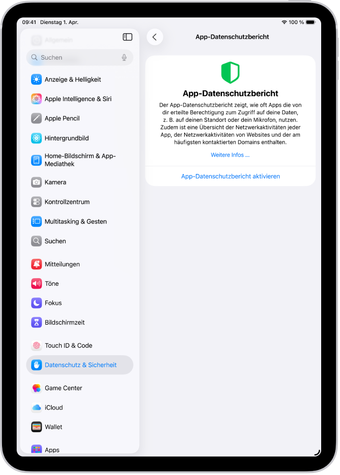 Der Bildschirm „App-Datenschutzbericht“, auf dem du einen Bericht aktivieren kannst, der anzeigt, wie häufig Apps die ihnen erteilten Zugriffe nutzen, sowie ihre Netzwerkaktivität.