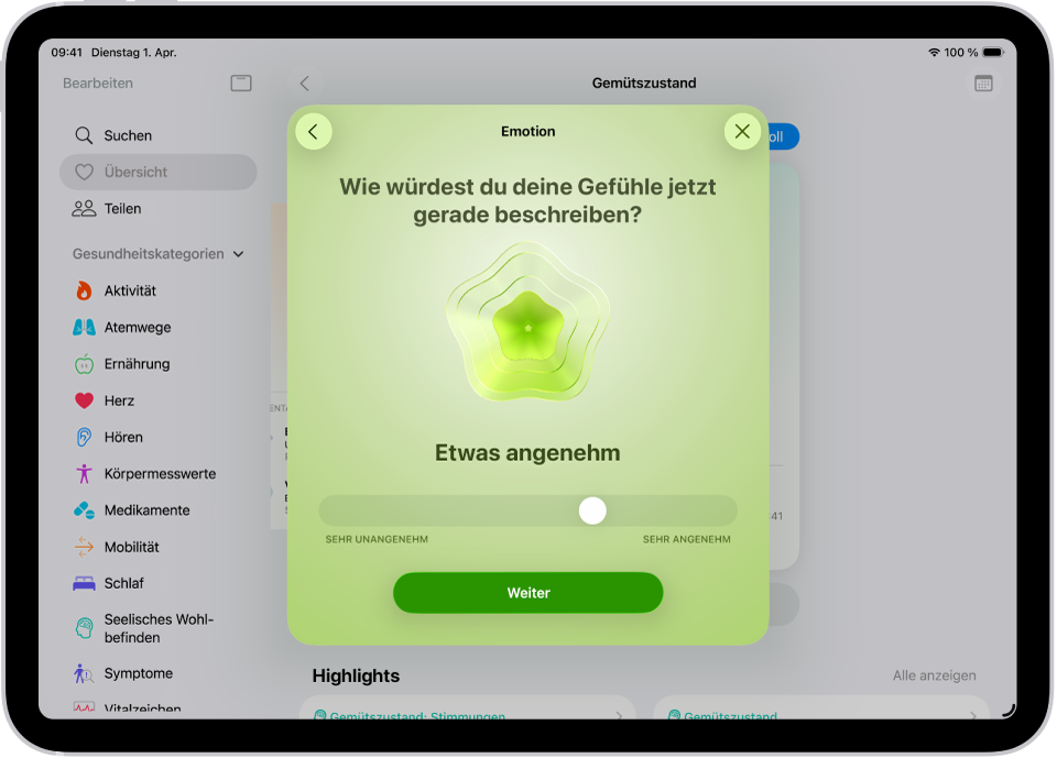 Ein Bildschirm mit der Stimmungsangabe „Ganz gut“ in der App „Health“. Unten auf dem Bildschirm befindet sich ein Regler zum Anpassen der Stimmungsintensität.