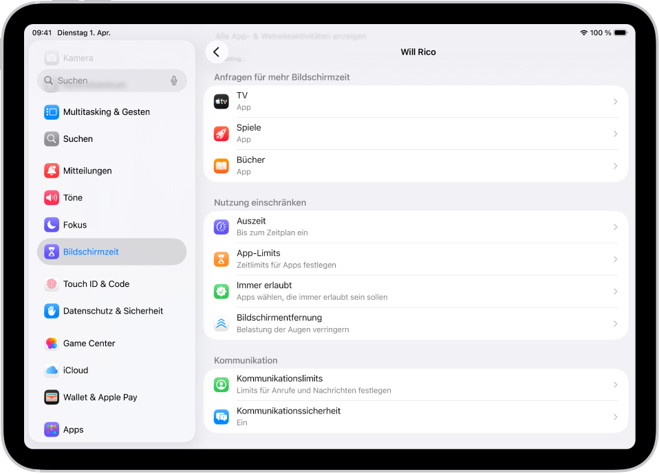 Der Bildschirm für ein Kind in einer Familienfreigabegruppe mit einem Bereich für Anfragen für mehr Bildschirmzeit.