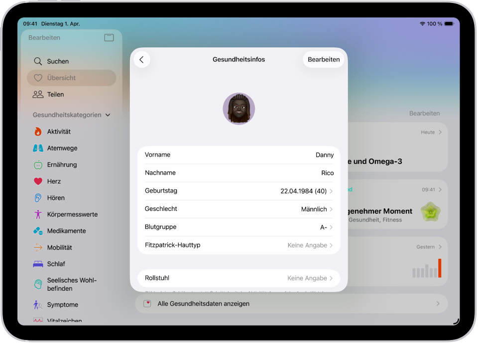 Der Bildschirm „Gesundheitsinfos“ mit Feldern für „Name“, „Geburtsdatum“, „Geschlecht“, „Blutgruppe“ und weitere Informationen.