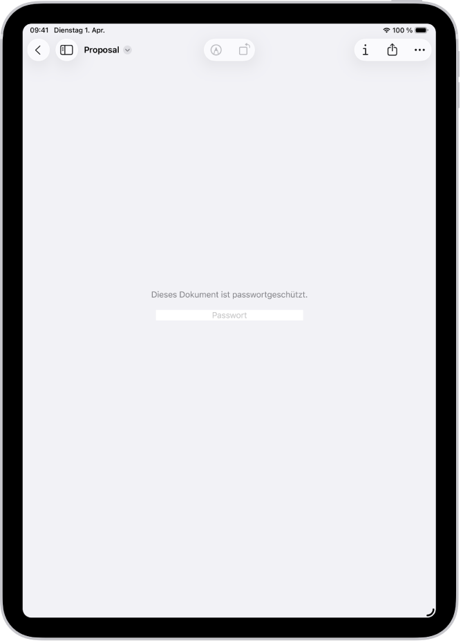 Auf einem gesperrten PDF-Formular in der App „Vorschau“ wird ein Passwortfeld angezeigt. Unten auf dem Bildschirm werden die Tasten „Markieren“, „Info“ und „Teilen“ angezeigt.