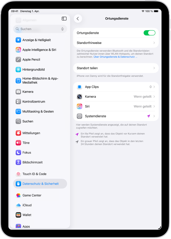Der Bildschirm „Ortungsdienste“ mit Einstellungen für die Freigabe des Standorts deines iPad für Apps.