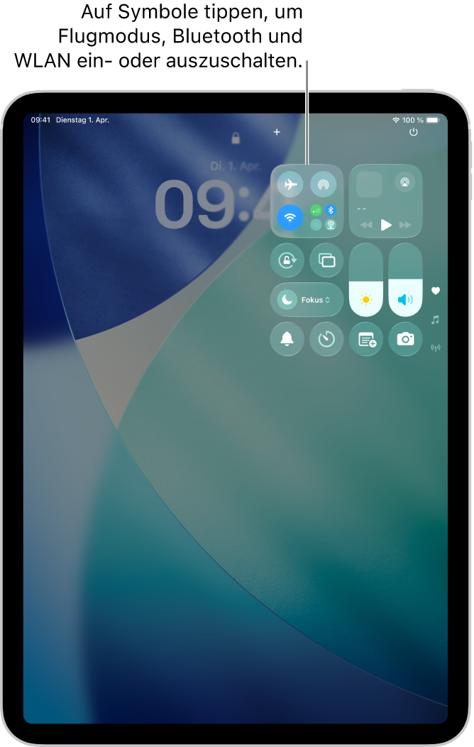 Der Bildschirm des Kontrollzentrums zeigt, dass durch Tippen auf die Taste oben links der Flugmodus aktiviert wird.