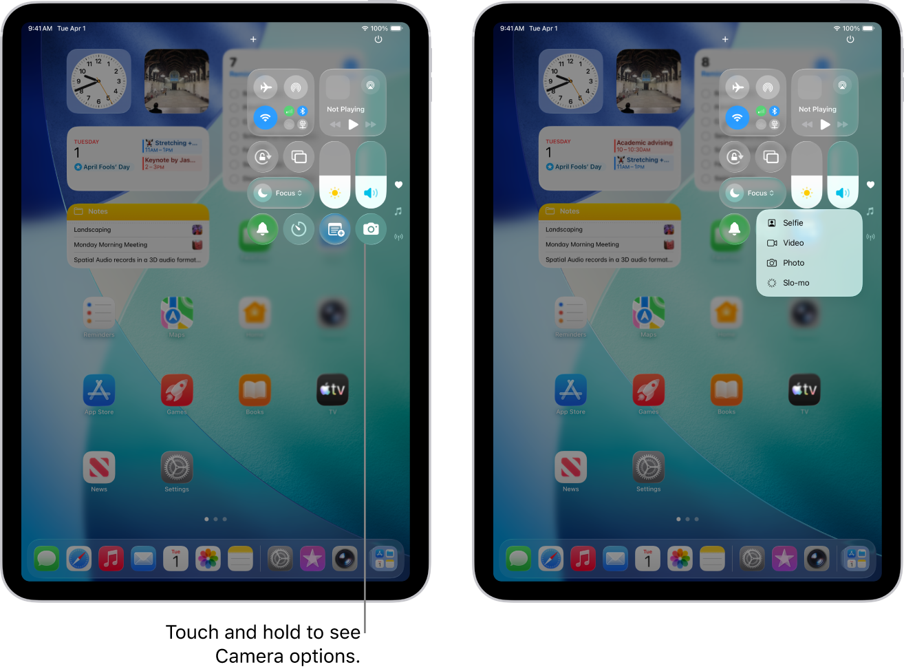 The iPad Control Center. Controls for Airplane Mode, cellular data, Wi-Fi, and Bluetooth are in the top-left group in Control Center for Wi-Fi + Cellular iPad models. The Camera control is at the bottom right of Control Center. The screen on the right shows the quick menu of options that appear when you touch and hold the Camera control.