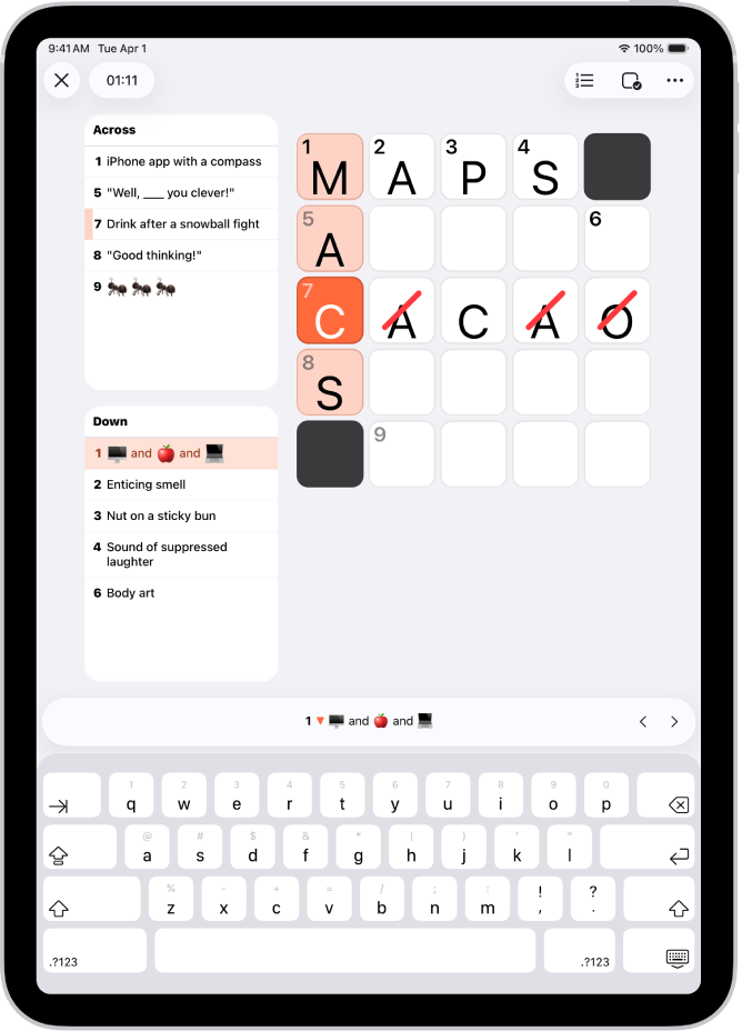 A partially filled crossword mini puzzle, with the clues on one side.