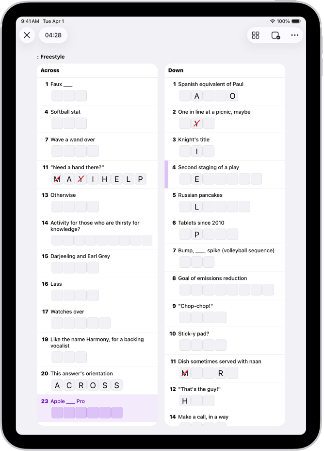 A partially filled crossword puzzle in list view.