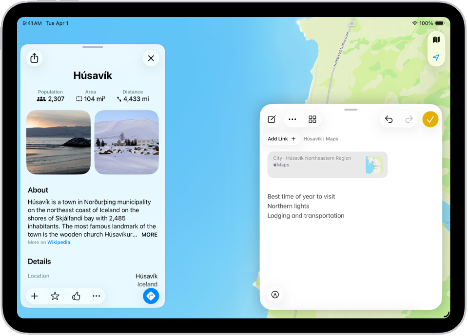 A Quick Note in a window overlay over a map of Iceland. The note has text and an option to link to the map.