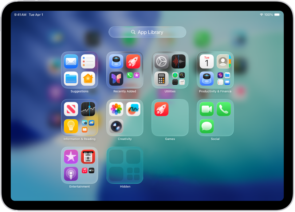 App Library on iPad showing the apps organized by category (Entertainment, Productivity & Finance, and so on).