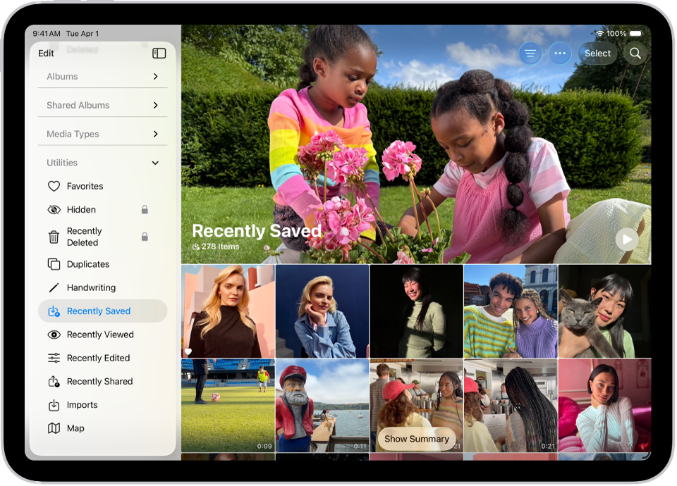 The Recently Saved collection is open in the Photos app, showing photos and videos.