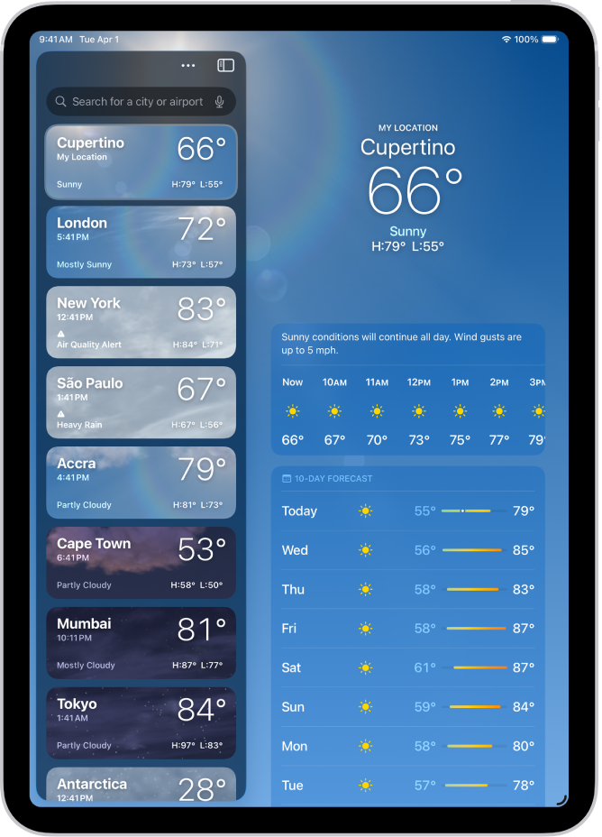 The Weather screen showing the sidebar on the left side of the screen. In the sidebar is a list of cities showing the current time, temperature, forecast, and high and low temperatures. At the top of the list, My Location is selected and on the right side of the screen are the weather forecast and conditions for that location.