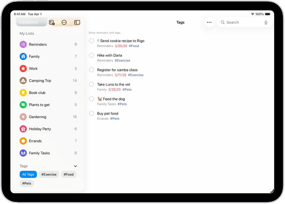The Reminders app, showing multiple lists and the Tag Browser on the left. On the right is a list of all items with tags.